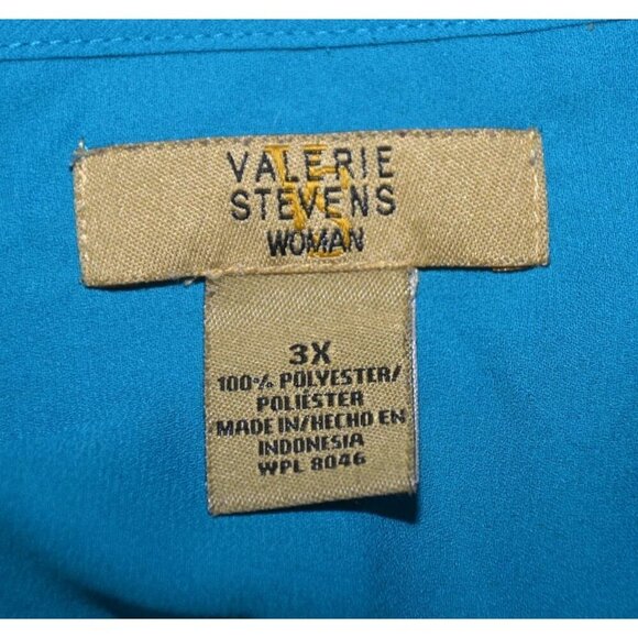 Valerie Stevens Blue Button Front Blouse Size 3X Flowy Chiffon 3/4 Ruched Sleeve - Picture 10 of 11
